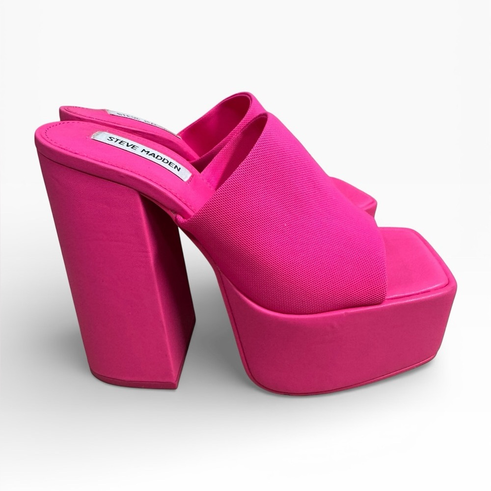 Steve Madden Tristyn Platform Mule Sandals Hot Pink Square Toe Heels Size 9 - Picture 3 of 7